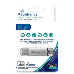 MediaRange USB flash disk, USB 3.0 (3.2 Gen 1), 64GB, srebrny, MR937, USB A / USB C, z osłoną