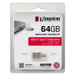 Kingston USB flash disk OTG, USB 3.0 (3.2 Gen 1), 64GB, DataTraveler microDuo 3C, srebrny, DTDUO3C/64GB, USB A / USB C, z osłoną