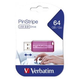 Verbatim USB flash disk, USB 2.0, 64GB, PinStripe, Store N Go, różowy, 49962, USB A, z wysuwanym złączem
