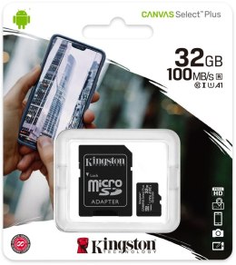 Karta pamięci Kingston Canvas Select Plus 32GB 100MB microSDHC CL10 UHS-I Card + SD Adapter KINGSTON