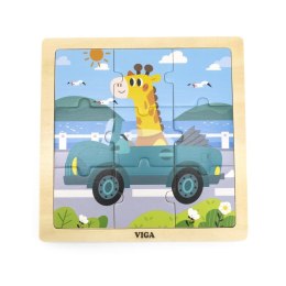 VIGA Poręczne Drewniane Puzzle Żyrafa w aucie 9 elementów