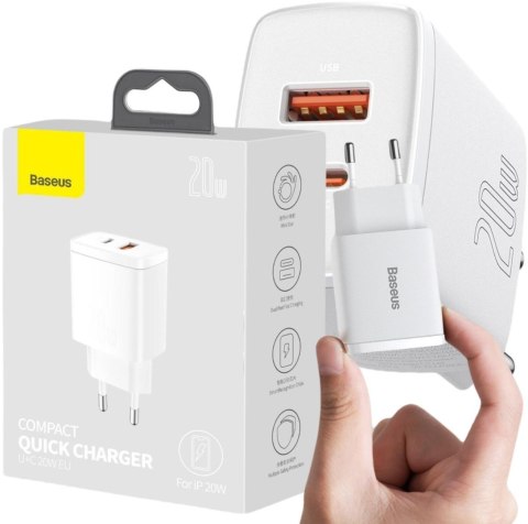 ŁADOWARKA SIECIOWA Baseus Compact Quick Charger CCXJ-B02 20W 1x USB-A 1x USB-C PD 3.0 QC 3.0 BIAŁA BASEUS