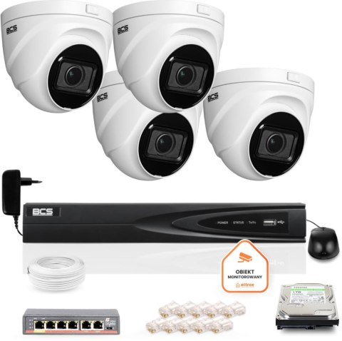 Zestaw monitoringu IP BCS View 4x Kamera BCS-V-EIP44VSR3 Rejestrator z dyskiem 1TB BCS VIEW