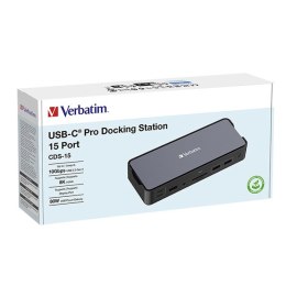 Stacja dokująca Verbatim, USB-C Pro, 15-port, 2x HDMI, RJ45, microSD, 2x USB-A 3.0, USB-C PD, szara