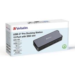 Stacja dokująca Verbatim, USB-C Pro, 15-port, 2x HDMI, RJ45, microSD, USB-A 3.1, USB-C 3.1, szara