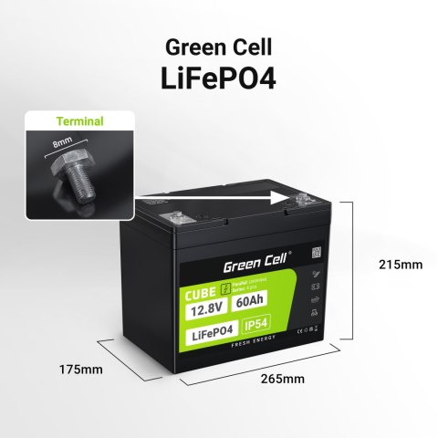 Green Cell CUBE Akumulator LiFePO4 60Ah 12.8V 768Wh Litowo-Żelazowo-Fosforanowy do Silników elektrycznych, Kampera, Podnośników