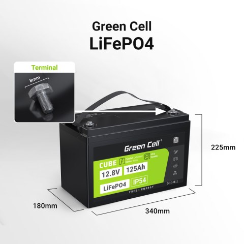 Green Cell CUBE LiFePO4 125Ah 12.8V 1600Wh Lithium Iron Phosphate Battery for Camper, Solar, Off-Grid System, Boat