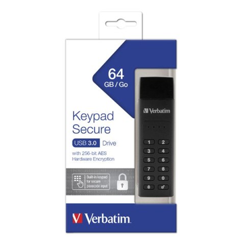 Verbatim USB flash disk, USB 3.0, 64GB, Keypad Secure, czarny, 49428, 256bitowe szyfrowanie AES, LED złącze USB A