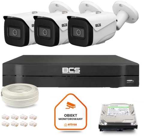 Zestaw monitoringu IP BCS Line 3x Kamera BCS-L-TIP25FSR5-Ai1 Rejestrator z dyskiem 1TB BCS