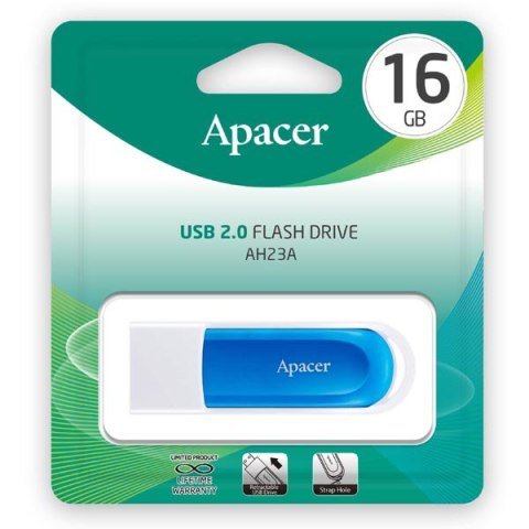 Apacer USB flash disk 2.0 16GB AH23A niebieski niebieska AP16GAH23AW-1 z wysuwanym złączem i oczkiem na brelok