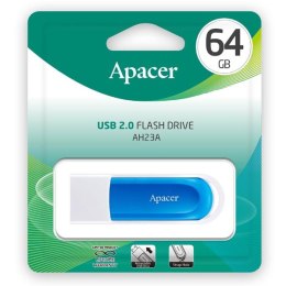 Apacer USB flash disk 2.0 64GB AH23A niebieski niebieska AP64GAH23AW-1 z wysuwanym złączem i oczkiem na brelok