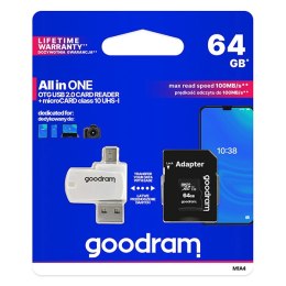 Goodram All-In-ONe, 64GB, multipack, M1A4-0640R12, UHS-I U1 (Class 10), z czytnikiem i adapterem