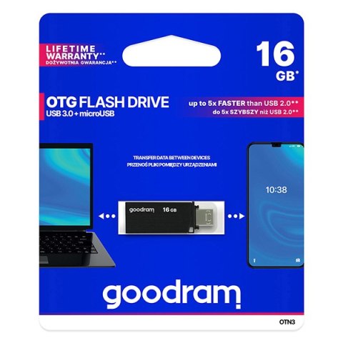 Goodram USB flash disk OTG 3.0/Micro 16GB OTN3 czarny OTN3-0160K0R11 wsparcie OS Win 7