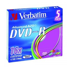 Verbatim DVD-R, 43557, DataLife PLUS, 5-pack, 4.7GB, 16x, 12cm, General, Advanced Azo+, slim box, Colour, bez możliwości nadruku