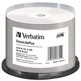 Verbatim DVD-R, 43755, DataLife PLUS, 50-pack, 4.7GB, 16x, 12cm, Professional, Advanced Azo+, cake box, Wide Thermal Printable, 