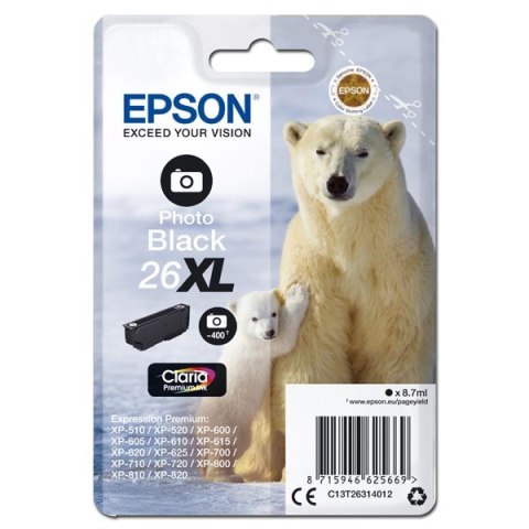 Epson oryginalny ink  tusz C13T26314012  T263140  26XL  photo black  8 7ml  Epson Expression Premium XP-800  XP-700  XP-600