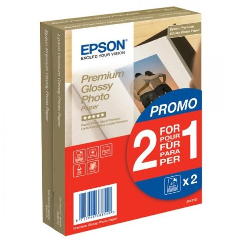 Epson Premium Glossy Photo Pa, foto papier, połysk, biały, 10x15cm, 4x6", 255 g/m2, 2x40 szt., C13S042167, atrament,promo 1+1 gr