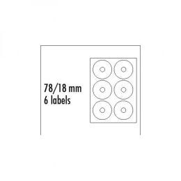 Logo etykiety na CD 78/18mm, A4, matowe, białe, 6 etykiety, 140g/m2, pakowany po 25 szt., do drukarek atramentowych i laserowych