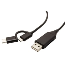 Kabel USB (2.0) USB A F + M- USB micro B M 1m okrągły czarny plastic bag z redukcją do USB C OTG