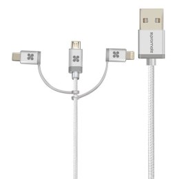 Kabel USB (2.0) USB A M- Lightning M + USB C M + MicroUSB M 1.2m okrągły srebrny Promate Oplot Trio