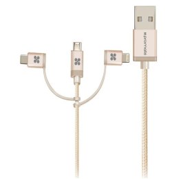 Kabel USB (2.0) USB A M- Lightning M + USB C M + MicroUSB M 1.2m okrągły złoty Promate Oplot Trio
