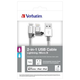 Kabel USB (2.0) USB A M- USB micro M 1m 2 srebrny Verbatim box 48869 regulowana końcówka Lightning
