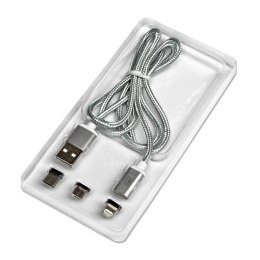 Magnetyczny klabel USB (2.0) USB A M- magnetické koncovky (typ C+lightning+microUSB) 1m przewód okrągły w oplocie srebrny