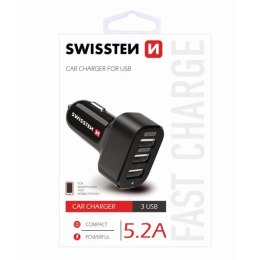 SWISSTEN Ładowarka samochodowa usb 3x USB port 12V 5V 5200mA do ładowania telefonów komórkowych i GPS czarna