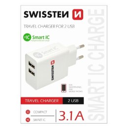 SWISSTEN, Sieciowy adapter, 2x USB 3,1A, 100-240V, 5V, 3100mA, biała
