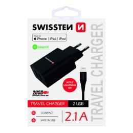 SWISSTEN, Sieciowy adapter, s Lightning kabelem (MFi certifikace), 100-240V, 5V, 2100mA, do ładowania telefonów i innych urządze