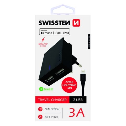 SWISSTEN, Sieciowy adapter, s Lightning kabelem (MFi certifikace), 100-240V, 5V, 3000mA, do ładowania telefonów i innych urządze