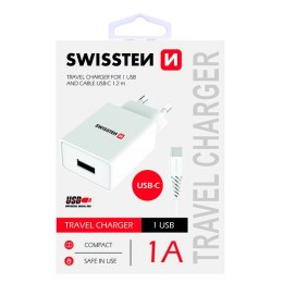 SWISSTEN, Sieciowy adapter, s USB-C kabelem, 100-240V, 5V, 1000mA, do ładowania telefonów i innych urządzeń, biały