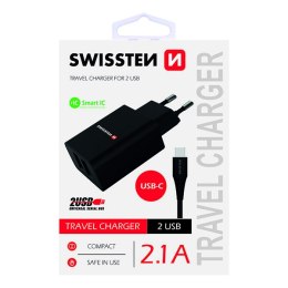 SWISSTEN, Sieciowy adapter, s USB-C kabelem, 100-240V, 5V, 2100mA, do ładowania telefonów i innych urządzeń, czarny