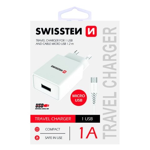 SWISSTEN, Sieciowy adapter, s microUSB kabelem, 100-240V, 5V, 1000mA, do ładowania telefonów i innych urządzeń, biały