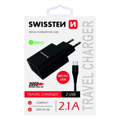 SWISSTEN, Sieciowy adapter, s microUSB kabelem, 100-240V, 5V, 2100mA, do ładowania telefonów i innych urządzeń, czarny