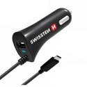 SWISSTEN, USB C - ładowarka samochodowa, 1x USB C+ USB port 12V, 5V, 2400mA, do ładowania telefonów komórkowych i GPS, czarna
