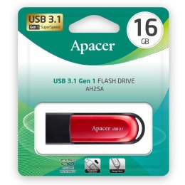 Apacer USB flash disk, 3.1, 16GB, AH25A, czerwony, czerwona, AP16GAH25AB-1, z wysuwanym złączem i oczkiem na brelok