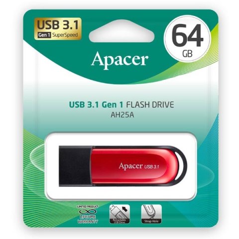 Apacer USB flash disk 3.1 64GB AH25A czerwony czerwona AP64GAH25AB-1 z wysuwanym złączem i oczkiem na brelok