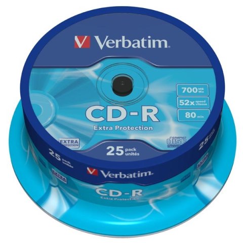 Verbatim CD-R, 43432, DataLife, 25-pack, 700MB, Extra Protection, 52x, 80min., 12cm, bez możliwości nadruku, cake box, Standard,