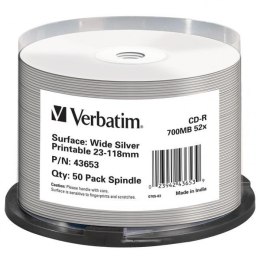 Verbatim CD-R, 43653, DataLife, 50-pack, 700MB, Wide Silver, 52X, No ID Brand, 80min., 12cm, Inkjet, Printable, cake box, Standa