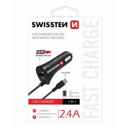 SWISSTEN ładowarka samochodowa micro USB 1 złącze + 1 USB 12V 5V 2400mA do ładowania telefonów komórkowych i GPS czarna