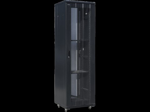 Szafa serwerowa 42U 19" 600x1000, drzwi przednie szklane, drzwi tylne stalowe perforowane, zamek, 4 belki nośne, 4 regulowane st