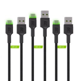 Zestaw 3x Kabel Green Cell GC Ray USB - USB-C 200cm, zielony LED, szybkie ładowanie Ultra Charge, QC 3.0