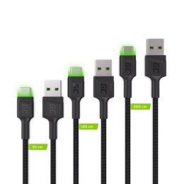 Zestaw 3x Kabel Green Cell GC Ray USB - USB-C 30cm, 120cm, 200cm, zielony LED, szybkie ładowanie Ultra Charge, QC 3.0