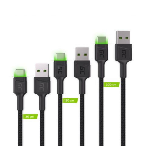 Zestaw 3x Kabel Green Cell GC Ray USB - USB-C 30cm, 120cm, 200cm, zielony LED, szybkie ładowanie Ultra Charge, QC 3.0