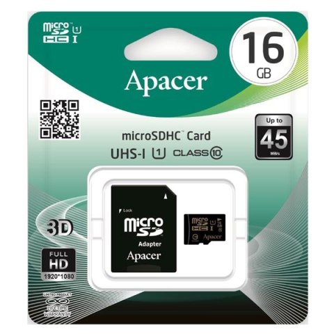 Apacer karta pamięci Secure Digital, 16GB, micro SDHC, AP16GMCSH10U1-R, UHS-I U1 (Class 10), z adapterm