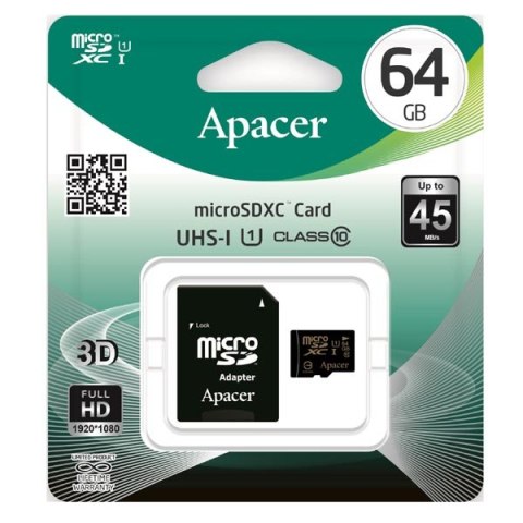 Apacer karta pamięci Secure Digital, 64GB, micro SDXC, AP64GMCSX10U1-R, UHS-I U1 (Class 10), z adapterm