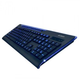 A4Tech KD-800L, Klawiatura multimedialny, z niebieskim podświetlanym klawiszem typ przewodowa (USB), czarna, US