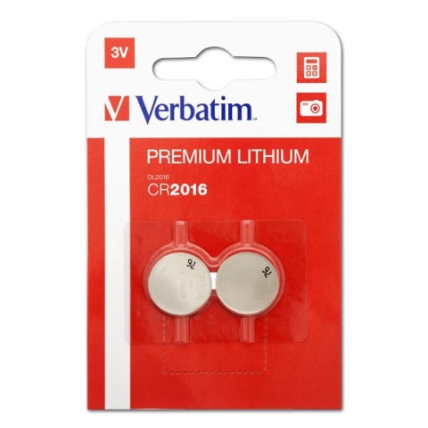 Bateria litowa, CR2016, 3V, Verbatim, blistr, 2-pack, 43334