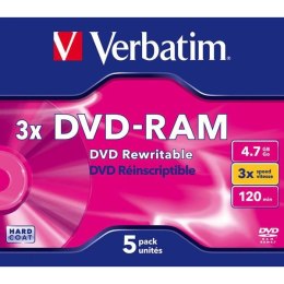 Verbatim DVD-RAM, 43450, DataLife PLUS, 5-pack, 4.7GB, 2-4x, 12cm, General, Scratch Resistant, jewel box, Rewritable, bez możliw